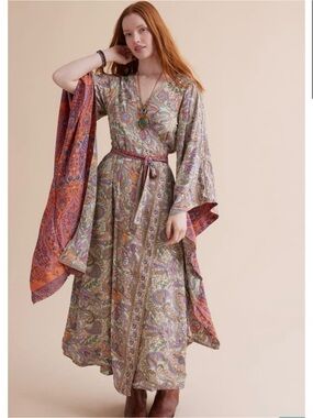 Salmon Goddess Reversible Wrap Maxi Dress Sz M Paisley Boho Statement Sleeves